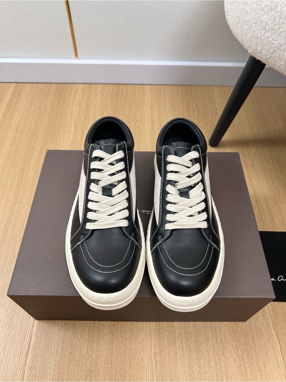 Rick Owens Black Leather Sneakers with Cream Laces